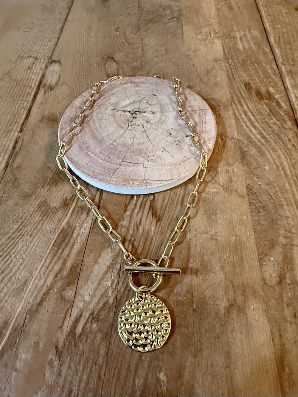 Hammered Disc Toggle Chain Necklace in Gold